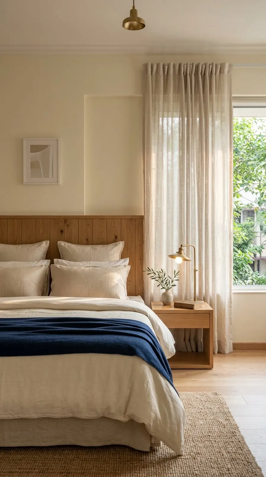 Master bedroom with oak headboard wall and linen bedding, Mumbai interior design