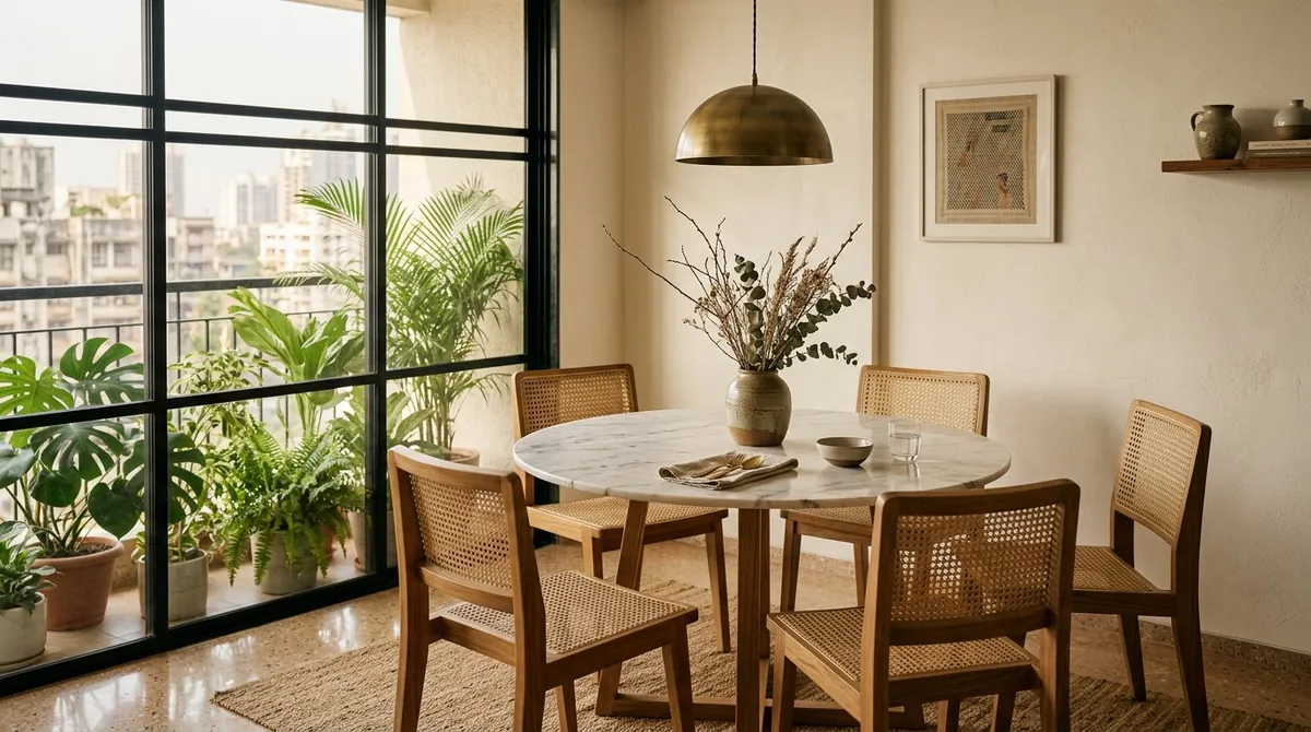 Dining nook with marble table and cane chairs, Bandra apartment Mumbai