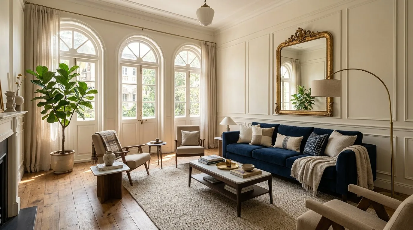 Navy and ivory living room interior design, Bandra residence, Mumbai