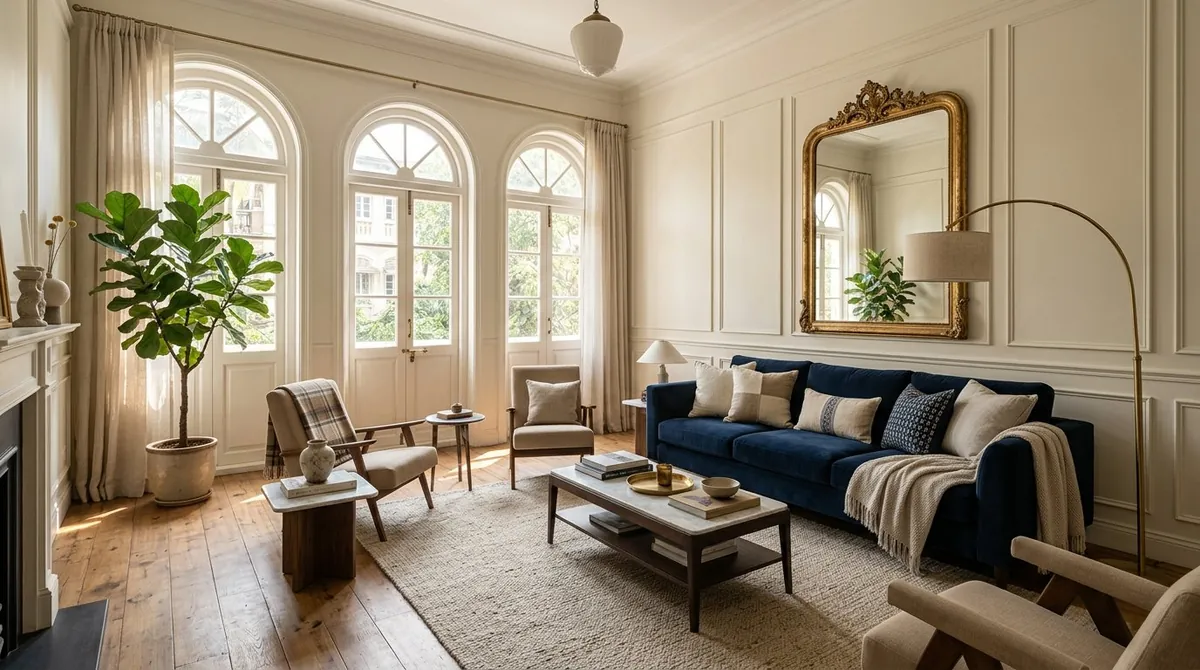 Living room with navy armchair and marble table, Bandra residence Mumbai