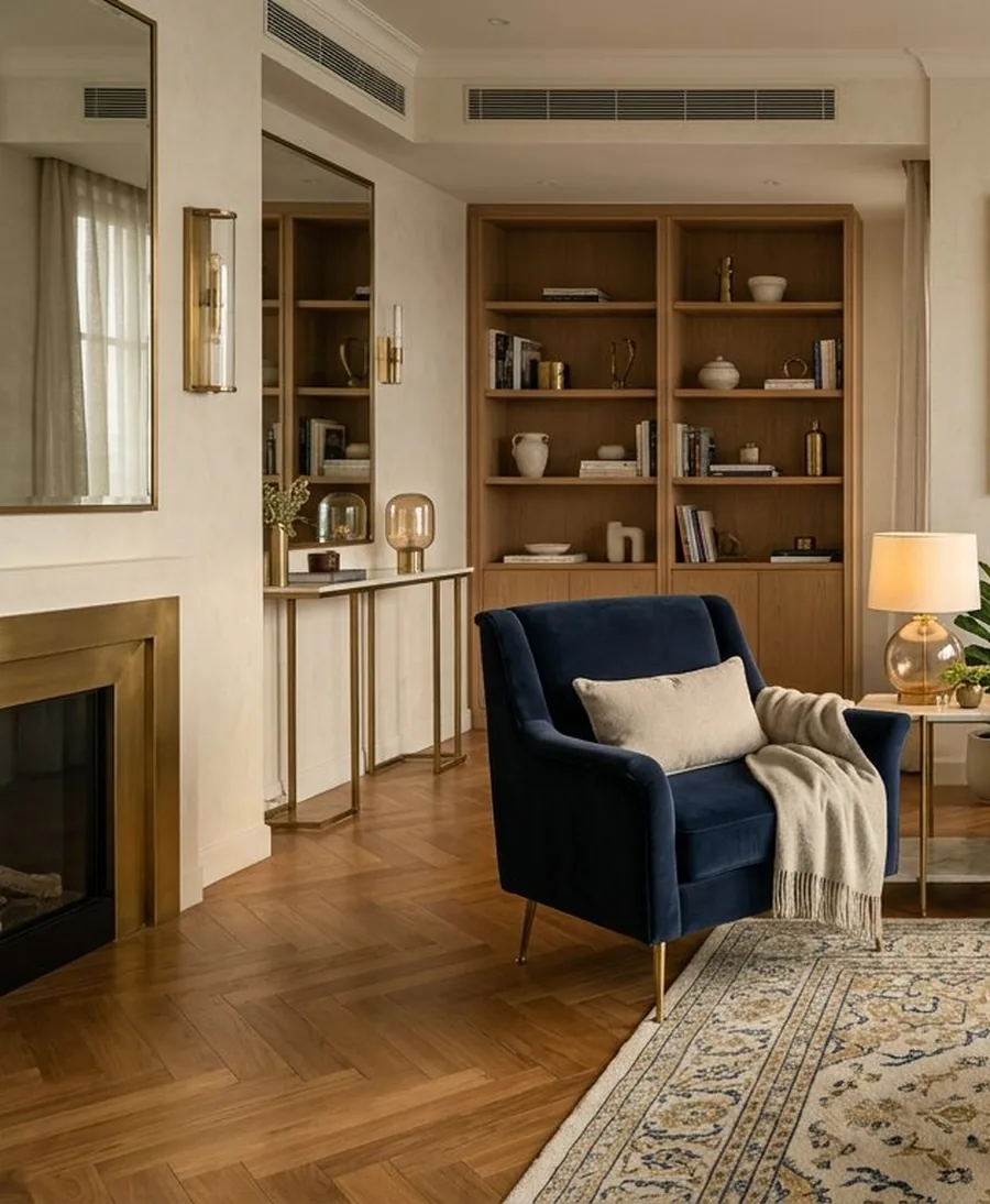 Interior design studio detail with oak shelving, brass objects and warm natural light, Mumbai