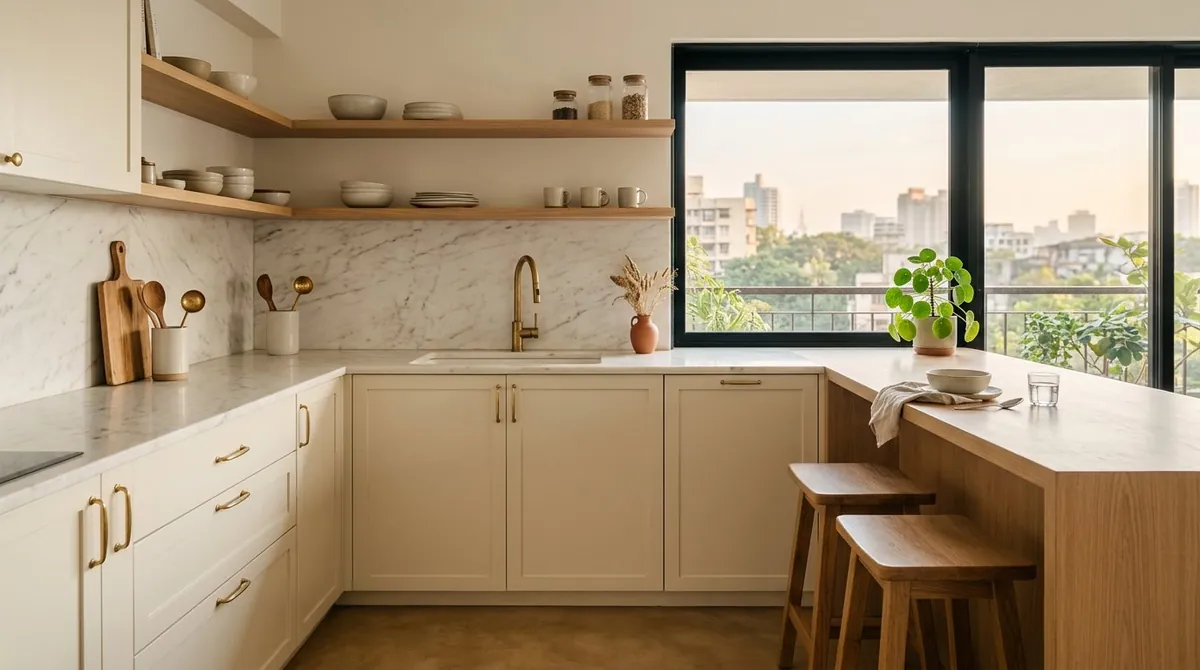Ivory kitchen with oak shelving and marble counter, Juhu Mumbai interior design