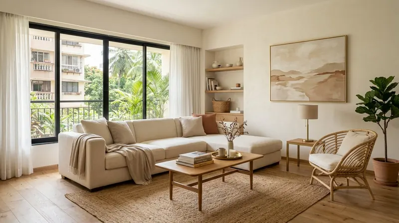 Warm minimal family living room interior design in a Juhu Mumbai apartment