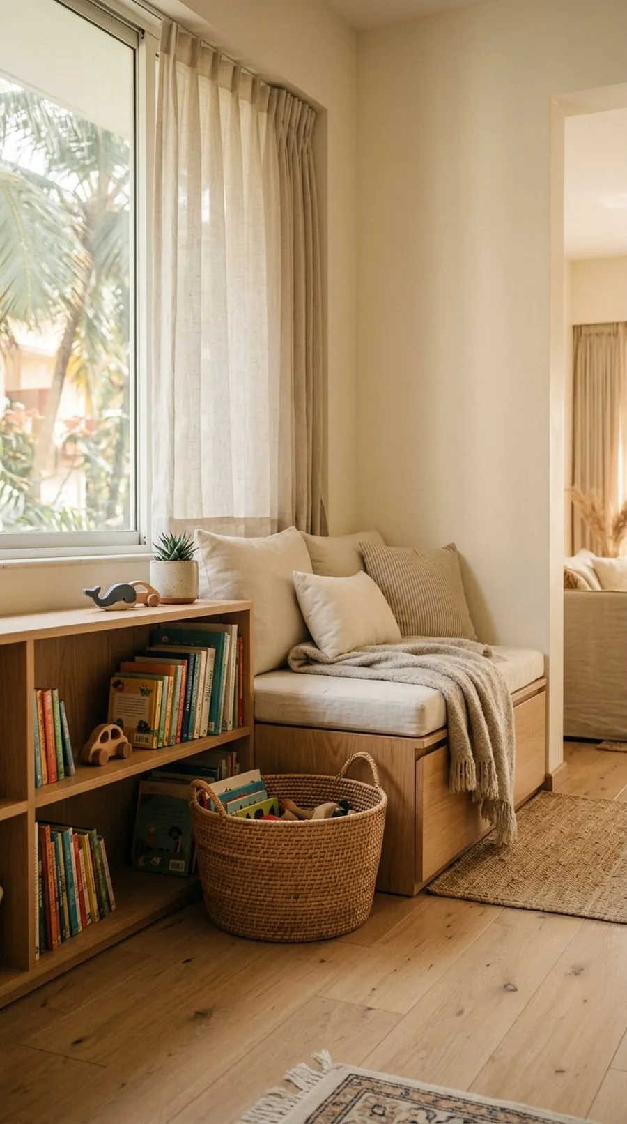 Built-in reading corner with oak bench and cushions, Mumbai family home interior