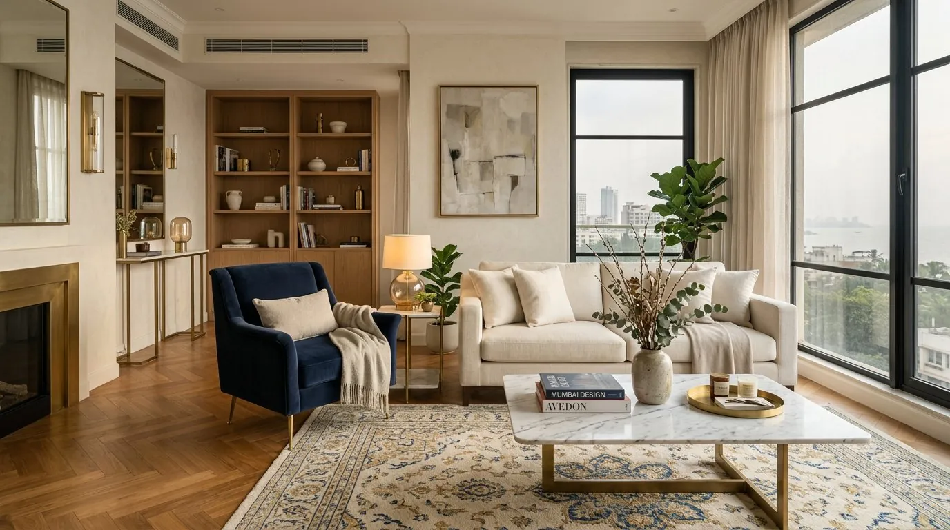 Modern classic living room interior design in a Mumbai apartment, ivory walls with navy and brass details