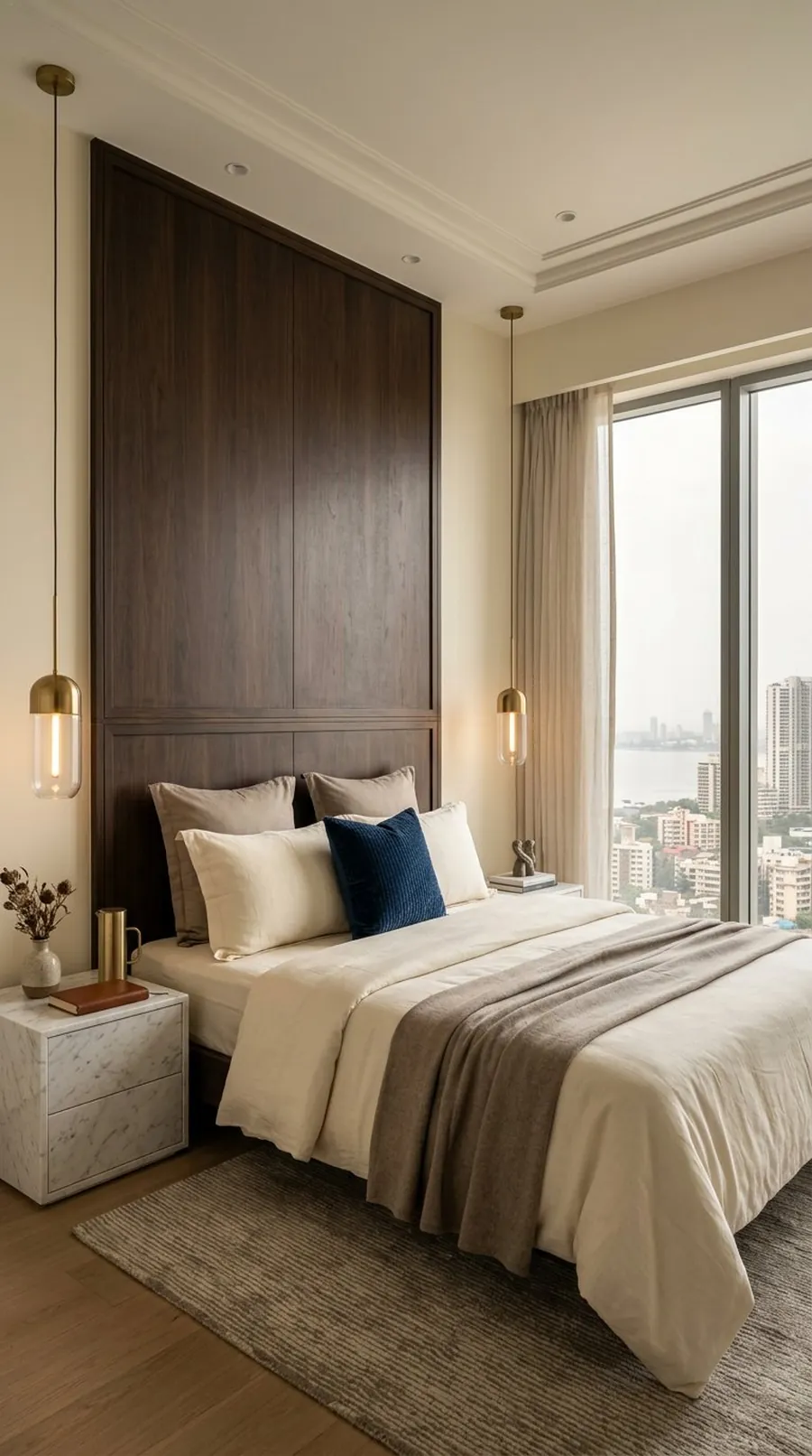Penthouse bedroom with walnut panelled headboard and brass lights, Mumbai
