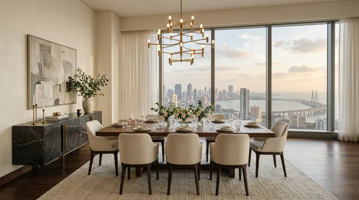 Penthouse dining room with walnut table and brass chandelier, Worli Mumbai