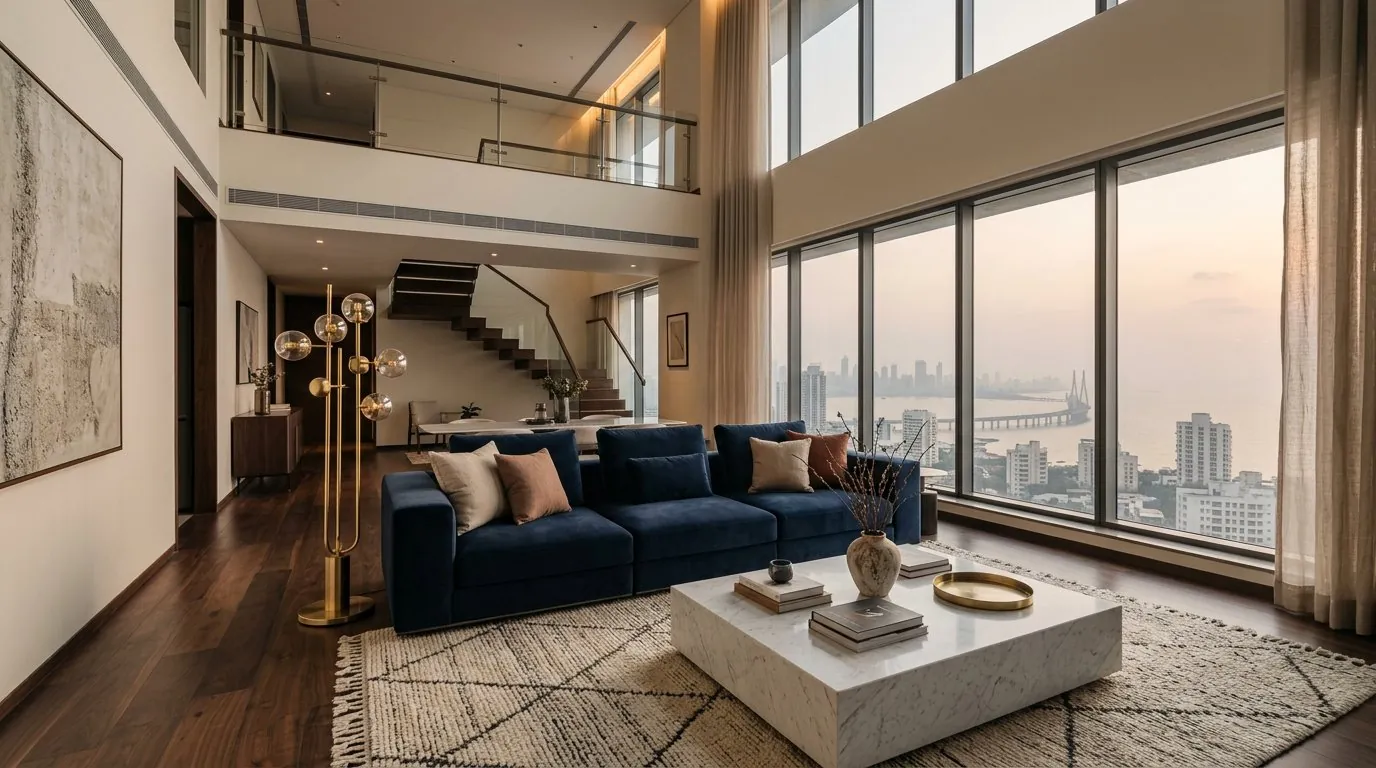 Double height penthouse living room with navy sofa and city view, Worli Mumbai